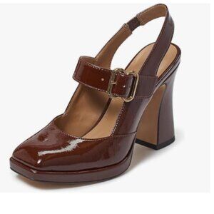 FYS Chocolate Platform Square Toe Pumps Block High Heel Mary Jane Slingback Shoe